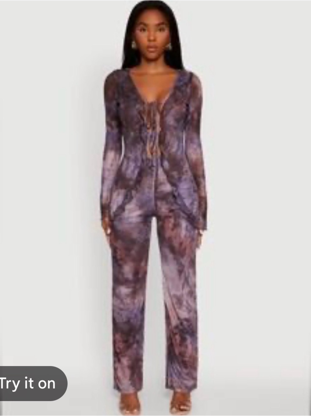 Tie-Dye Lace-Up Long Sleeve Jumpsuit - Purple